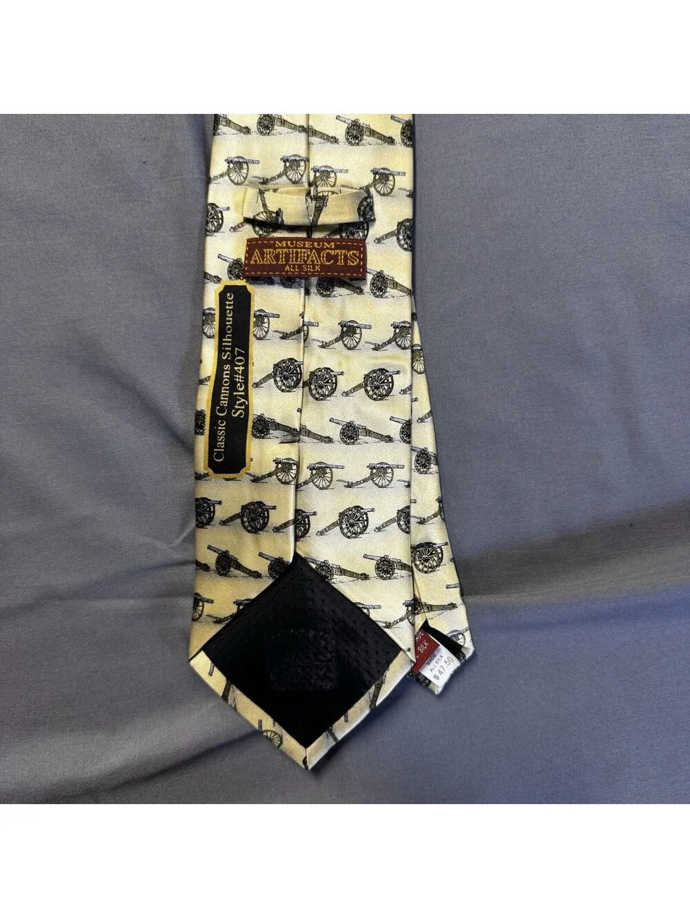 Museum Artifacts Tie Mens Silk Cream Classic Cannons Silhouette Military War 407